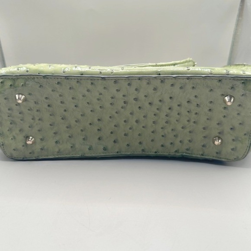 Sondra Roberts Satchel Large Green Ostrich Embossed Patent FauxLeather Gold Trim - Picture 4 of 13